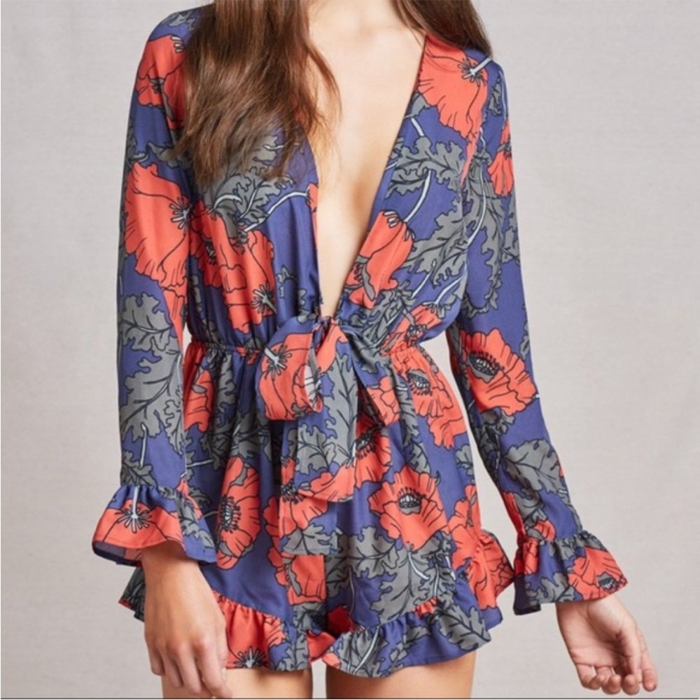 TULAROSA Bishop" Romper Blue Floral Long Sleeves Plunge Neck XS